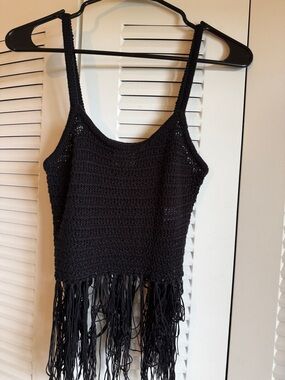 Black Crochet Fringe Crop Top with Spaghetti Straps